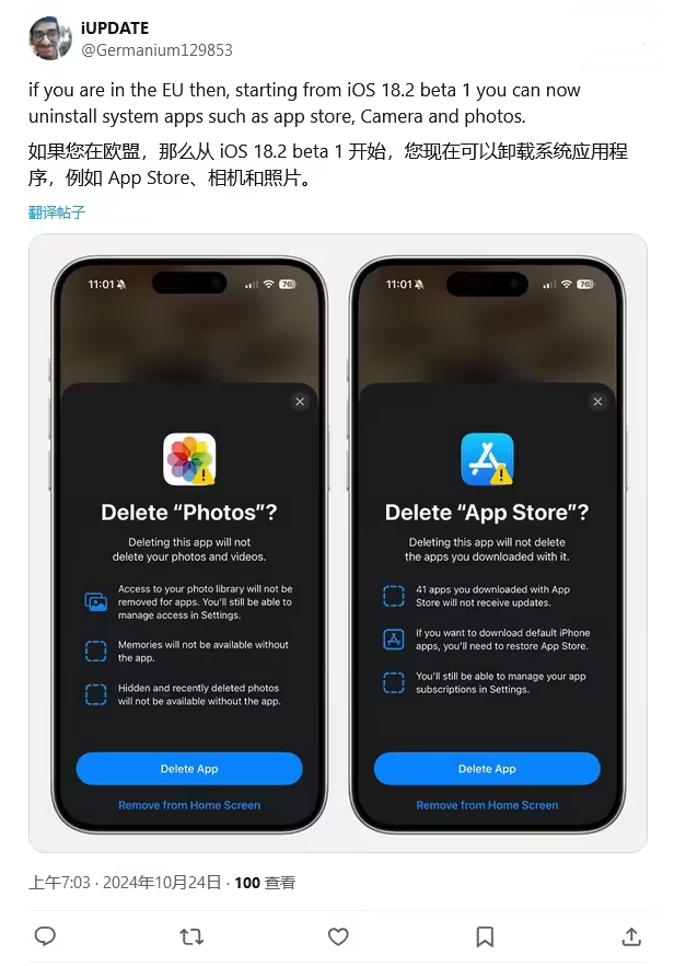 文昌苹果手机维修分享iOS 18.2 支持删除 App Store 应用商店 